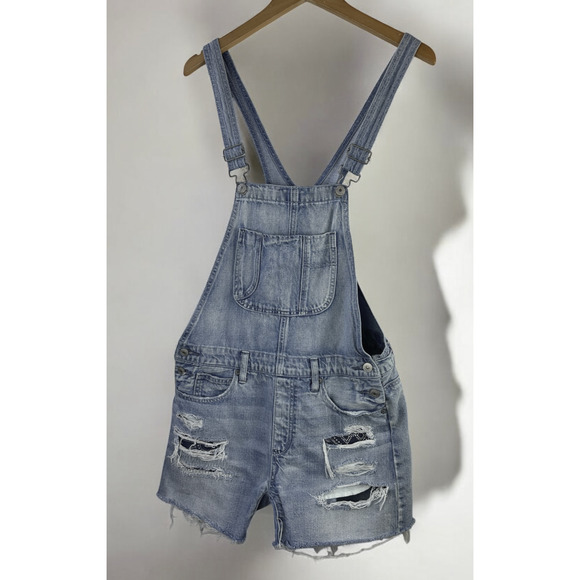 American Eagle Tomgirl Shortall Distressed Denim Overall Shorts Bib Size Small - Picture 10 of 10